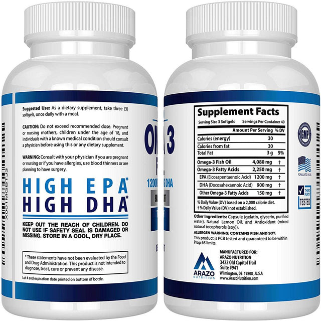 Omega 3 Fish Oil 4,080Mg - High EPA 1200Mg + DHA 900Mg Triple Strength Burpless Capsules - Arazo Nutrition (120 Count)