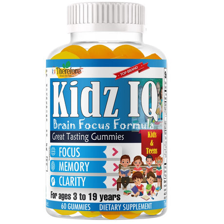 Kidz IQ Kids Focus Gummies Brain Vitamins for Kids & Teens, Brain Support Focus Supplement & Memory Vitamins 60 Gummies by Therefore