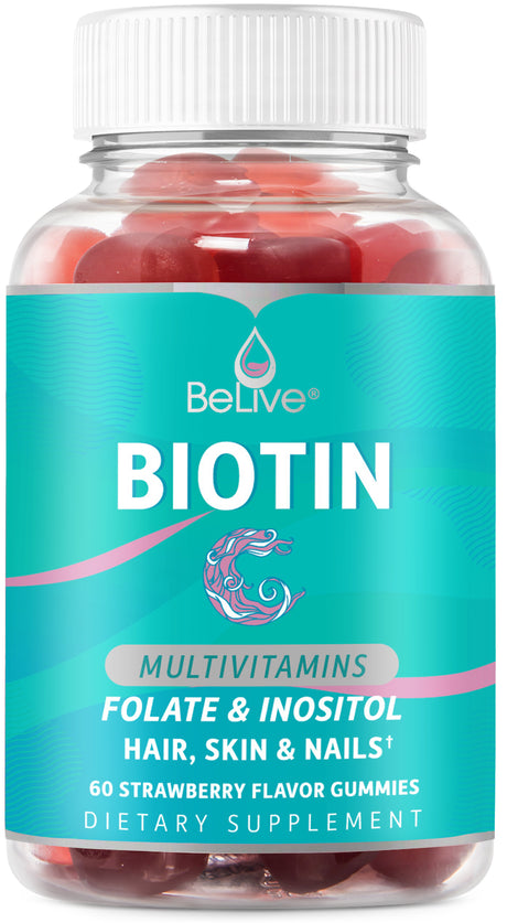 Belive Biotin Gummies with Multivitamins, Folate, Inositol – Supports Hair Growth, Healthy Skin & Nails – Vegan – Strawberry Flavor (60 Count)