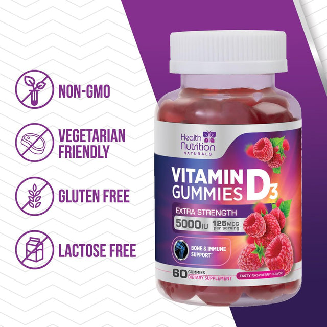 Vitamin D3 Gummies 5000 IU (125 Mcg), Bone & Immune Support Vitamin D Gummy Dietary Supplement for Teeth & Muscle Support, Nature'S Berry Vitamin D Supplement, Non-Gmo - 60 Gummies