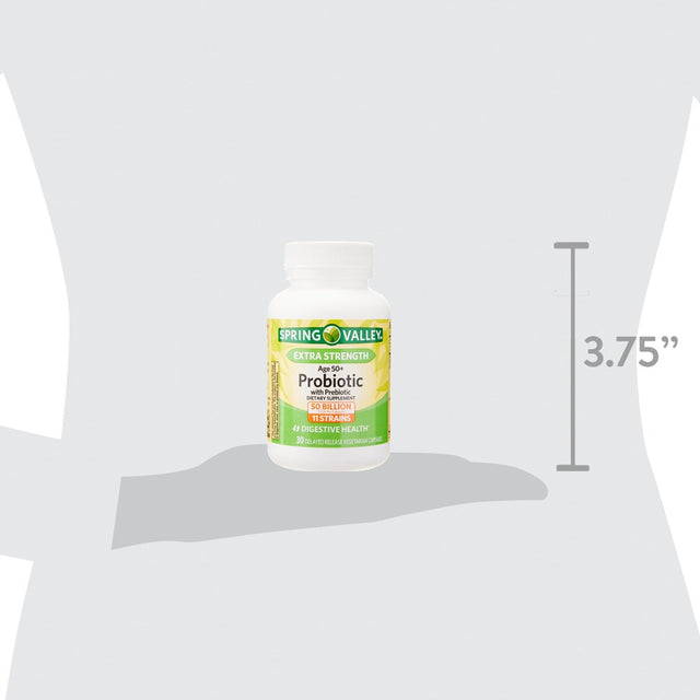 Spring Valley Extra Strength Age 50+ Probiotic with Prebiotic Dietary Supplement Delayed Release Vegetarian Capsules for Digestive Health, 30 Count