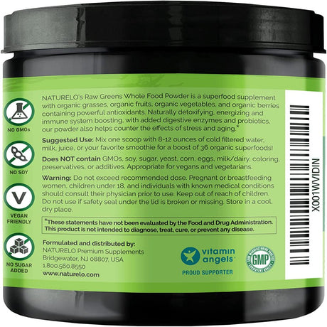 NATURELO Raw Greens Superfood Powder - Wild Berry Flavor - Boost Energy, Detox, Enhance Health - Organic Spirulina - Wheat Grass - Whole Food Nutrition from Fruits & Vegetables - 60 Servings