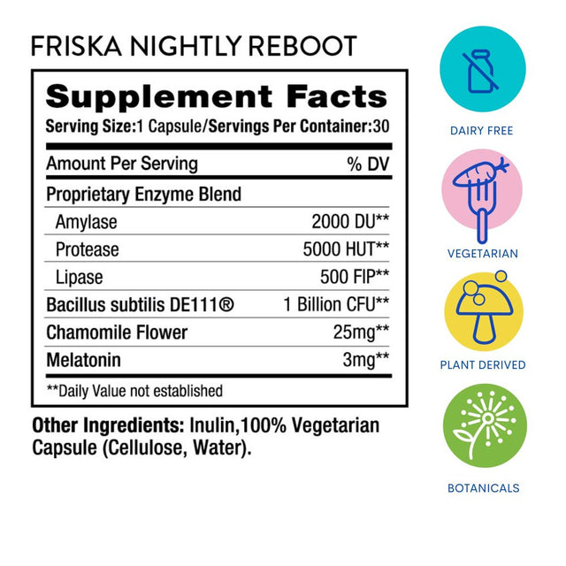 FRISKA Nightly Reboot | Digestive Enzymes and Probiotics Supplement | Promotes Better Digestion | Natural Sleep and Rest Aid | 30 Capsules