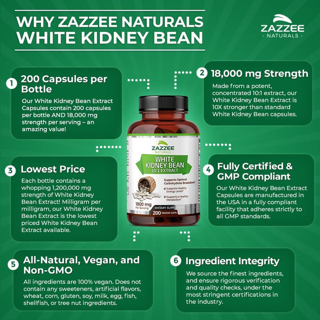 Zazzee White Kidney Bean 10:1 Extract, 18,000 Mg Strength, 200 Vegan Capsules, over 2 Month Supply, Standardized and Concentrated 10X Extract, 100% Vegetarian, All-Natural and Non-Gmo