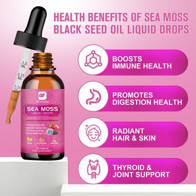 Beworths 3000Mg Irish Sea Moss Liquid Drops,With Bladderwrack and Burdock Root,For Immunity Booster, Joint & Thyroid - 2.03Oz