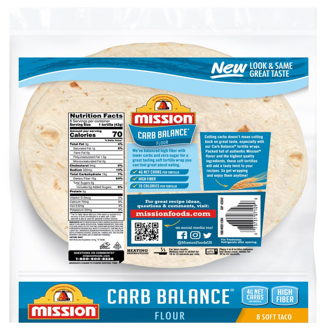 Mission Carb Balance Low Carb High Fiber Soft Taco Flour Tortillas, 8 Count