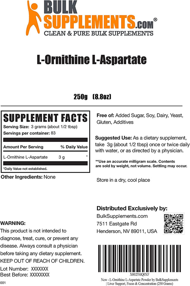 BULKSUPPLEMENTS.COM L-Ornithine L-Aspartate Powder - Amino Acids Supplement for Liver Health - Gluten Free, 3G (3000Mg) per Serving, 83 Servings (250 Grams - 8.8 Oz)