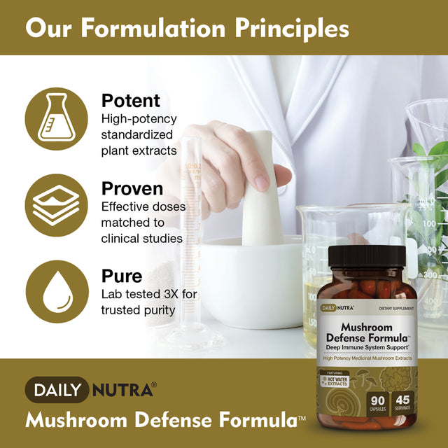 Mushroom Defense Formula by Dailynutra - Immune Support Supplement | Organic Mushrooms, Hot Water Extracted - Reishi, Chaga, Maitake, Shiitake & Turkey Tail (90 Capsules)