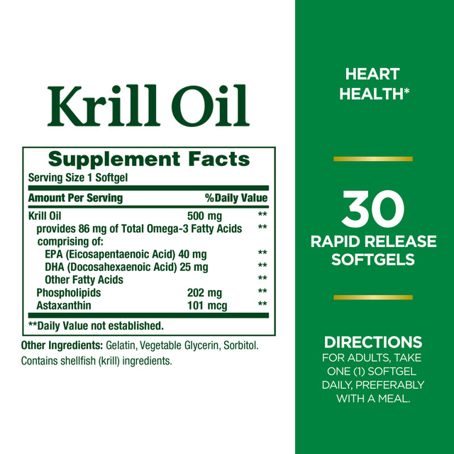 Nature'S Bounty Krill Oil Softgels, Heart Health, 500 Mg, 30 Rapid Release Softgels