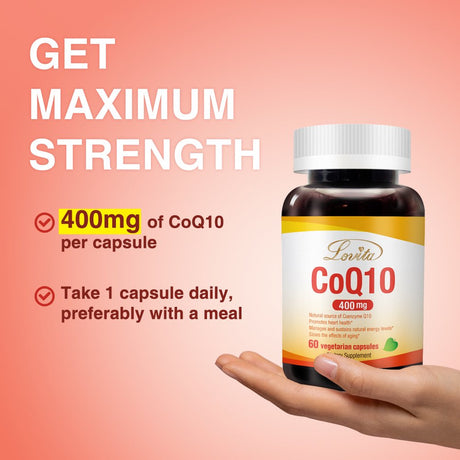 Lovita Coq10 400Mg Supplements from High Absorption Vegan Coenzyme Q10 Powder, Extra Antioxidant Co Q10 Enzyme for Blood Pressure Support & Heart Health, Vegan Friendly, 60 Capsules (Pack of 3)