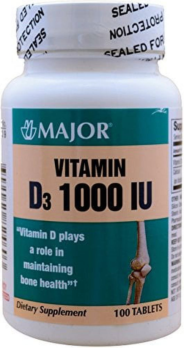 Major Vitamin D3 1000 IU Dietary Supplement Tablets, White, 100 Count