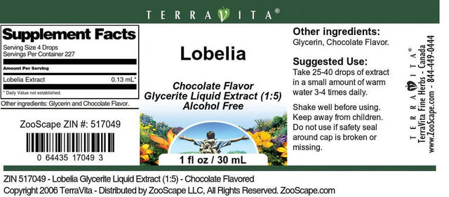 Terravita Lobelia Glycerite Liquid Extract (1:5) - Chocolate Flavored, (Chocolate, 1 Oz, 1-Pack, Zin: 517049)