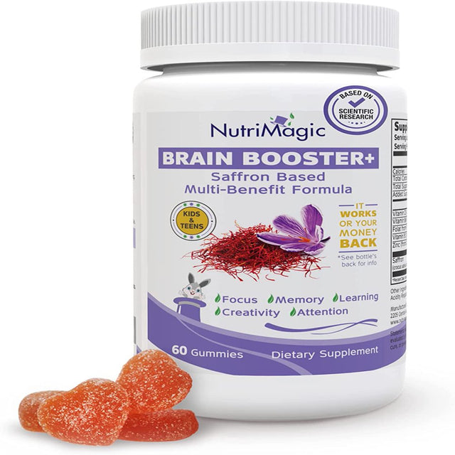 Nutrimagic KIDS Brain Booster+ Focus, Attention Saffron-Based Brain Health Supplement & Multivitamin, Vegan, 60 Pack Strawberry.