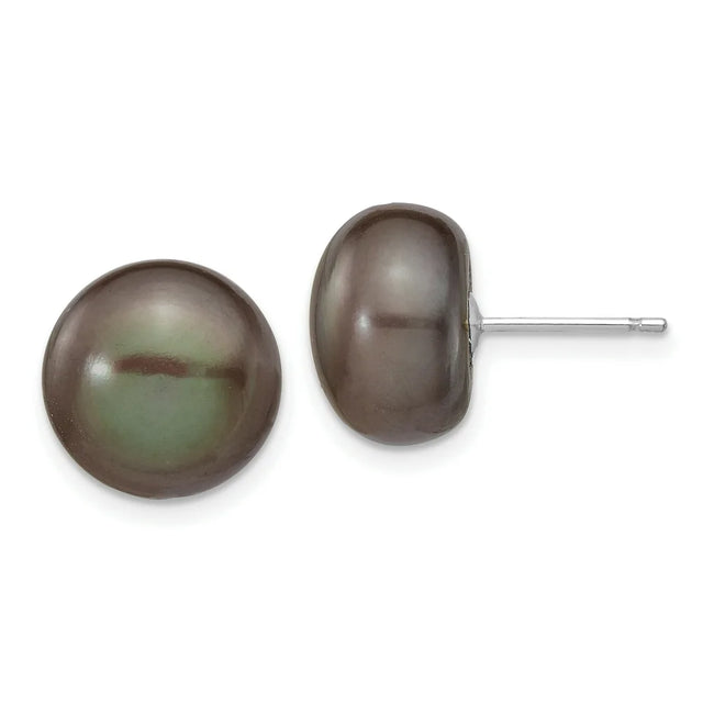 14K White Gold 11-12Mm Black Button FW Cultured Pearl Stud Post Earrings XW110BB (0 Grams|11 to 12MM X 11 to 12MM)