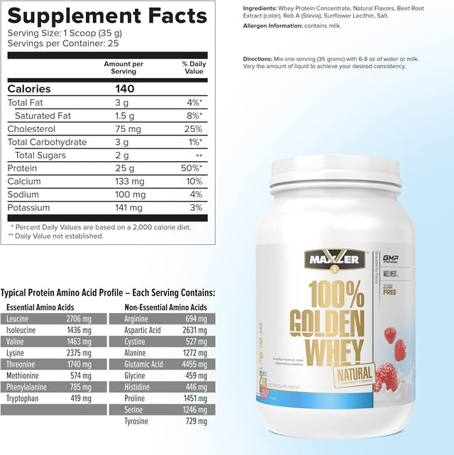 Maxler 100% Golden Whey Protein Powder - Natural Clean Whey Formula for Pre & Post Workout - Low Sugar & Low Carb Protein Powder - GMO, Gluten Free, Naturally Sweetened - Strawberry Protein Powder 2Lb