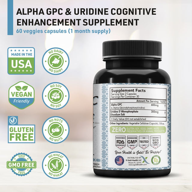 Alpha Brain Alpha GPC Choline 600Mg with Uridine 2-In-1 Nootropic Supplement - 60 Veggie Capsules