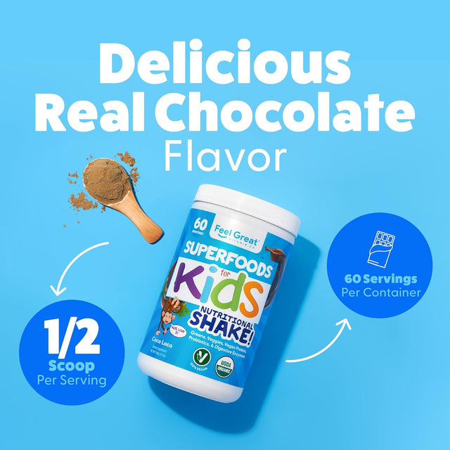 Feel Great USDA Organic Kids Protein Shake | Kids Protein Powder with Greens, Vitamins, Probiotics & Antioxidants | Vegan Chocolate Kids Nutritional Shake & Smoothie Mix | 60 Servings