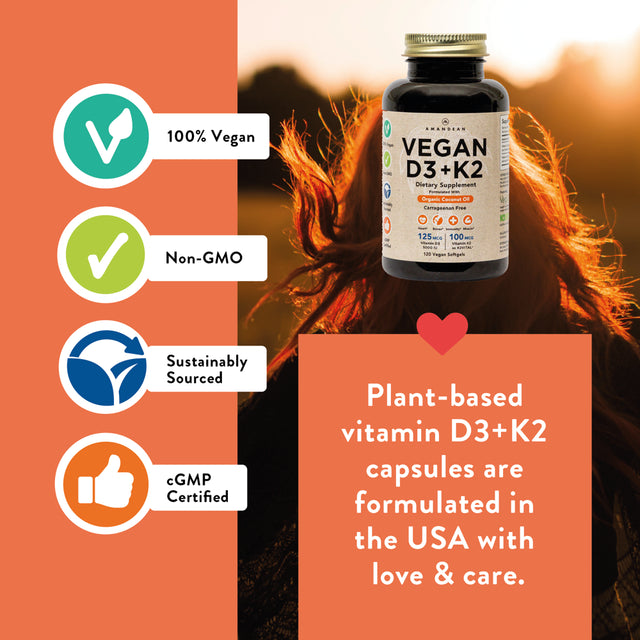 Amandean Vitamin D3 K2. Vegan D3 5000 Iu from Algae. All-Trans MK-7 K2. 120 Softgels. Plant-Based & Carrageenan Free. Organic Coconut Oil Blend. Vit D + K for Mood, Bones, Heart, Teeth, Immune Health.