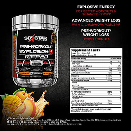 Pre Workout + Weight Loss | Six Star Preworkout Explosion Ripped | Pre Workout Powder for Men & Women | Preworkout Energy Powder Drink Mix | Sports Nutrition Pre-Workout Products, Peach Mango, 30 Serv