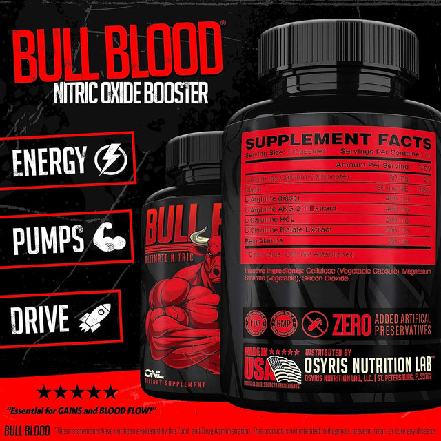 Bull Blood Ultimate Energy Boost - Extra Strength Energy, Focus, Blood Flow with Nitric Oxide, Creatine, Lion'S Mane, Effective Pre Workout and Nitric Oxide Booster for Men and Women