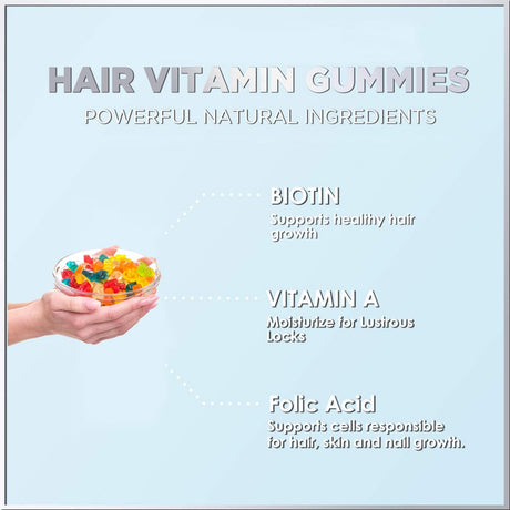 Hair Vitamins Gummies - Advanced Hair Growth Formula with Biotin 5000Mcg, Folic Acid & More - 60 Vegetarian Gummy