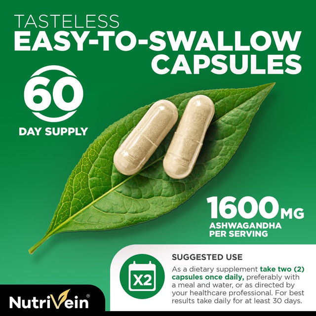 Nutrivein Organic Ashwagandha Capsules 1600Mg - 120 Vegan Pills - for Stress and Anxiety Relief - Herbal Supplements