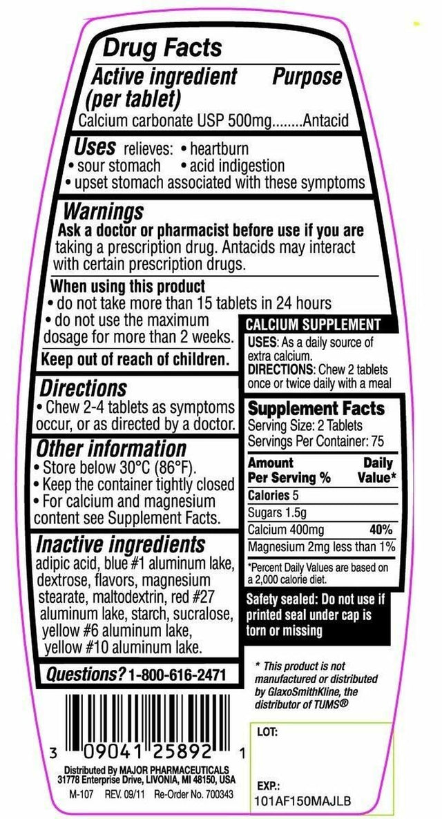 Major Calcium Antacid Chewable Assorted Fruit Flavor Tablets, Regular Strength, 150 per Bottle Pack of 5