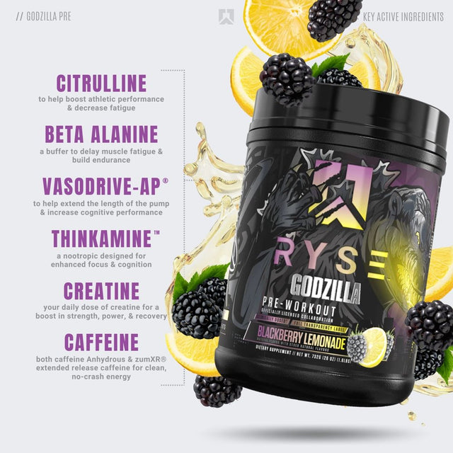 Ryse Noel Deyzel X Godzilla Pre Workout | Intense Pumps, Energy, & Focus | Citrulline & Beta Alanine | 400Mg Total Caffeine | 40 Servings (Blackberry Lemonade)