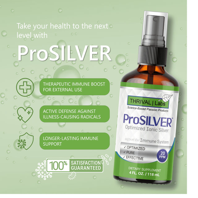 Prosilver Ionic Silver Liquid, Optimized 20 PPM Bio-Active Liquid Silver for Immune Support, Maximum Absorption Ionic Silver in Dark Glass Bottle with Sprayer, 24 Servings, 4Oz - Thrival Labs