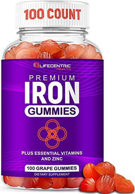 Lifecentrichealth Iron Gummies for Adults & Kids , Biotin Zinc Vitamin B Folic Acid Gummies , Vegan Gluten Free Blood Builder Anemia Supplements , Tasty Energy Boosting Iron Supplement for Women & Men