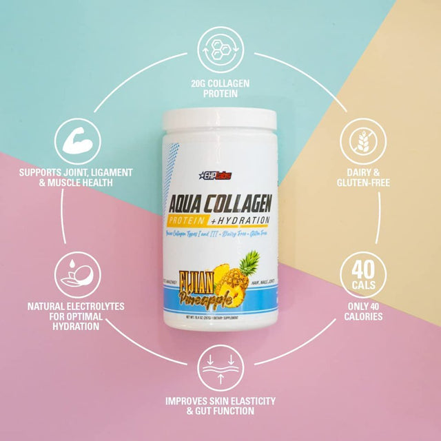 EHP Labs Aqua Hydrolyzed Collagen Peptides Powder - 10G of Protein per Serving, Hydration & Gut Health Support, Grass Fed Pasture-Raised Bovine Collagen, Type I & III, 24 Servings (Fijian Pineapple)