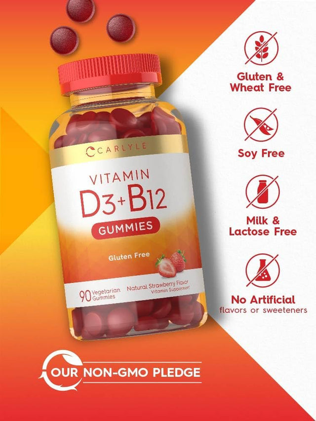 Vitamin D3 + B12 Complex | 90 Vegetarian Gummies | Natural Strawberry Flavor | by Carlyle