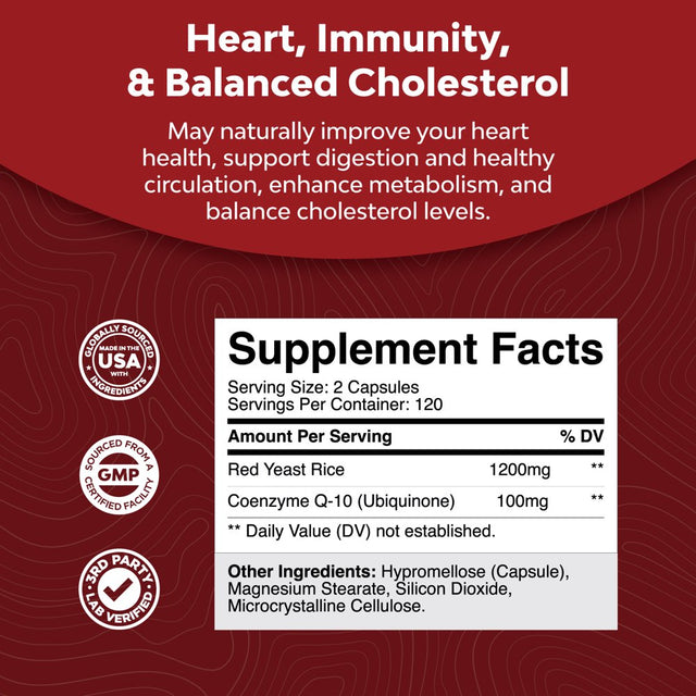 Red Yeast Rice with Coq10 Supplement for High Cholesterol - Extra Strength Citrinin-Free Red Yeast Rice 1200 Mg per Serving Capsules with Coq10 100Mg per Serving - Supplement for Heart Health