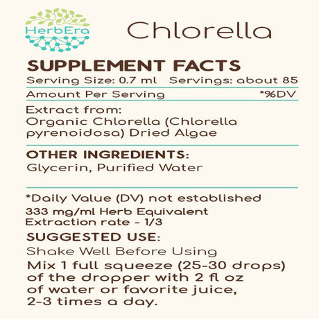 Chlorella Alcohol-Free Herbal Extract Tincture, Super-Concentrated Organic Chlorella (Chlorella Vulgaris) Dried Algae 2 Oz