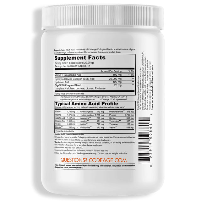 Codeage Collagen Peptides Powder, Type 1 & 3 Grass-Fed Bovine, Vitamin C, Enzymes, Hyaluronic Acid, 9.98 Oz