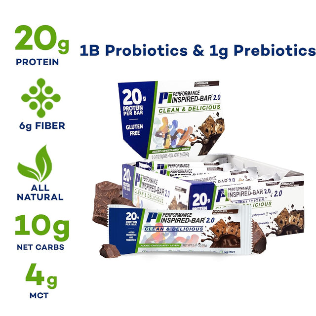 Performance Inspired Nutrition - Protein Bar 2.0 – Contains: 20G Protein - 6G Fiber - 4G Mcts - 1 Billion CFU Probiotics – 1G Prebiotics - G Free – BIG 70G Bar - Chocolate 12-Ct. Box