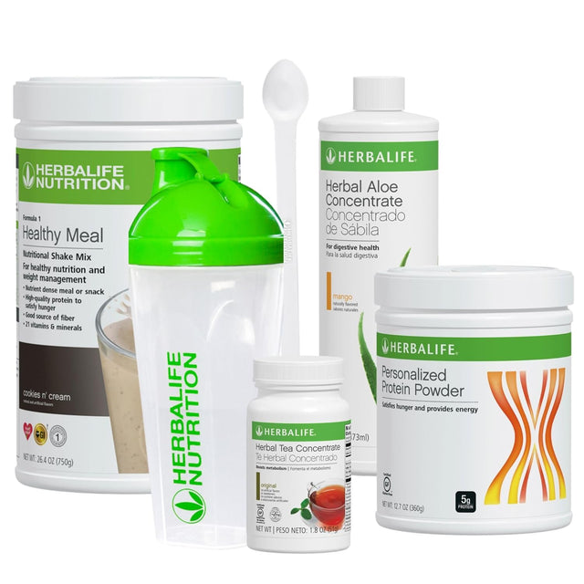 HERBALIFE COMBO FIVE FORMULA 1 Healthy Nutritional Shake Mix (Cookies and Cream 750G)-Herbal ALOE CONCENTRATE PINT 473Ml-Personalized PROTEIN POWDER 360G-Herbal TEA CONCENTRATE 51G with SHAKER CUP and SPOON