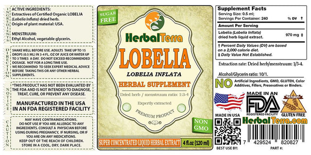 Lobelia (Lobelia Inflata) Tincture, Organic Dried Herb Liquid Extract (Herbal Terra, USA) 2X2 Oz