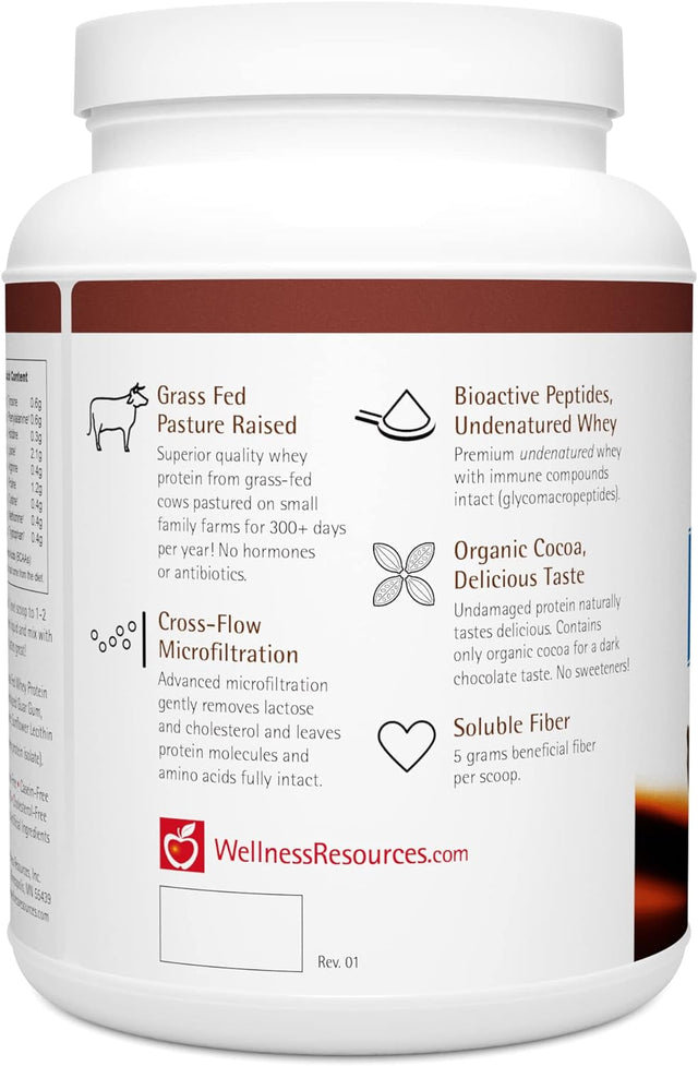 Wellness Resources Daily Protein plus Chocolate - Grass Fed, Pasture Raised Bioactive Whey Protein Isolate with Guar Fiber and Organic Cocoa - No Sweeteners, Soy-Free, Gluten-Free (2 Lb.)