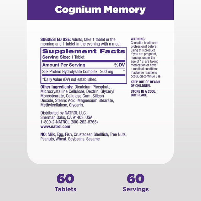 Natrol Cognium Memory Extra Strength Silk Protein Hydrolysate 200Mg, Dietary Supplement for Brain Health and Memory Support, 60 Tablets, 30 Day Supply