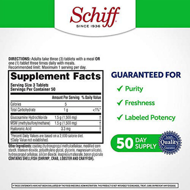 Glucosamine 1500Mg (Per Serving) + MSM, Schiff Tablets (150 Count in a Bottle), Joint Care Supplement, Helps Support Joint Mobility and Flexibility, Helps Support Healthy Structure of Cartilage*