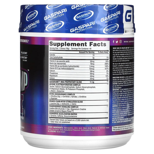 Gaspari Nutrition Superpump Max Pre Workout Powder, Grape Cooler, 40 Servings