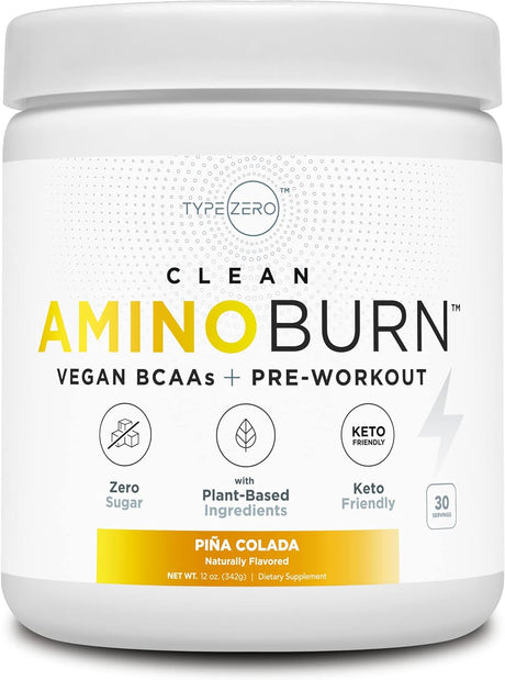 Type Zero Aminoburn - Natural Pre Workout + Vegan BCAA (Piña-Colada | 30Serv) Sugar Free Bcaas Amino Acids Supplement Keto Preworkout for Women, Amino Preworkout Energy, Post Workout Recovery Drink