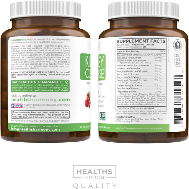 Healths Harmony Kidney Cleanse Supplement (Vegetarian) Supports Bladder Control & Urinary Tract - Powerful Cranberry Extract - Natural Herbs - Kidney Health, Flush & Detox - 60 Capsules No Pills