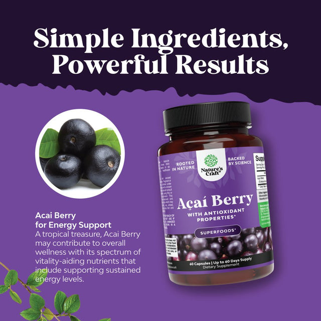 Natures Craft Acai Berry Antioxidant Support Weight Loss Supplement for Women and Men - Vitamins Minerals Antioxidant Formula Supports Immune System and Boost Energy Cognitive Health 60 Capsules