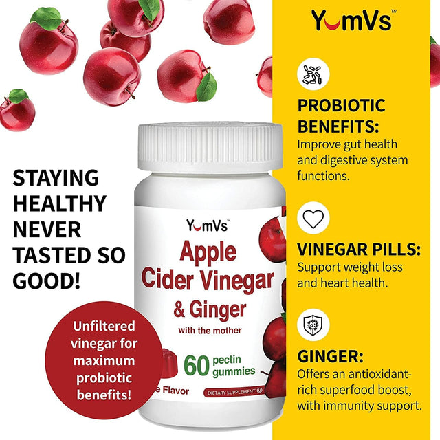 Apple Cider Vinegar Gummies with the Mother + Ginger by Yumvs | Non GMO, Vegetarian Supplement for Women & Men | Heart Health and Digestive Support | Natural Apple Flavor Chewables - 60 Count