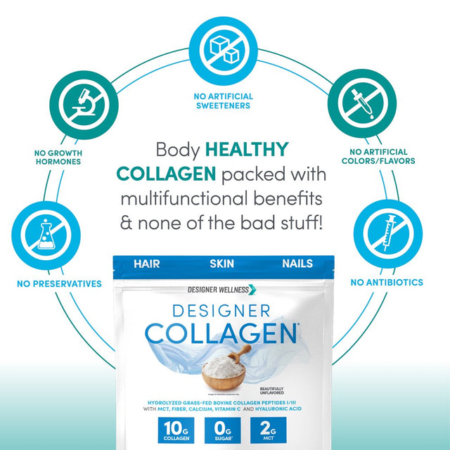 Designer Wellness, Designer Collagen Protein, Keto Hydrolyzed Grass-Fed Bovine Collagen Peptides I/III with MCT, Fiber, Calcium, Vitamin C and Hyaluronic Acid, Unflavored