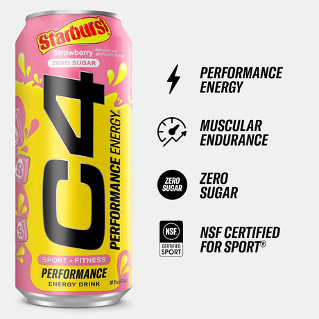 Cellucor C4 Energy Drink, STARBURST Strawberry, Carbonated Sugar Free Pre Workout Performance Drink with No Artificial Colors or Dyes, Pack of 12