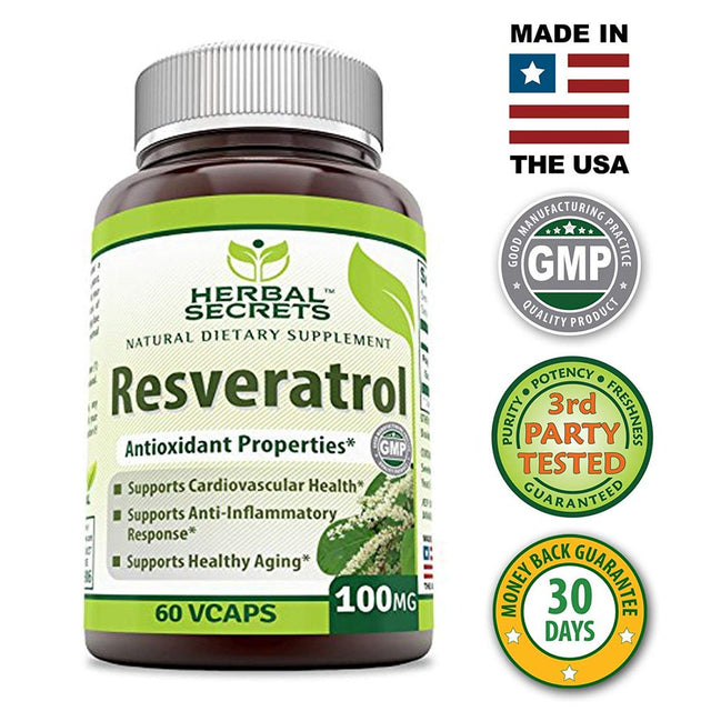 Herbal Secrets Resveratrol 100 Mg 60 Veggie Capsules (Non-Gmo) - Antioxidant Properties * Supports Cardiovascular Health, Supports Anti-Inflammatory Response and Supports Healthy Aging*