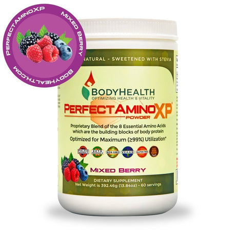 Bodyhealth Perfectamino XP Mixed Berry (60 Servings) Best Pre/Post Workout Recovery Drink, 8 Essential Amino Acids Energy Supplement with 50% Bcaas, 100% Organic, 99% Utilization for Maximum Power